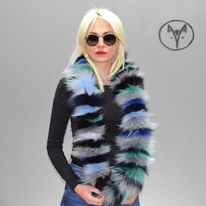 Fur twister scarf, collar, cowl, gray green blue color Finn Raccoon fur, fluffy soft warm neck accessory, unisex wear.
