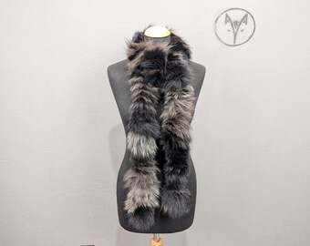 Fox fur scarf black brown color, long scarf quality long fur, Women and Men neck warmer.