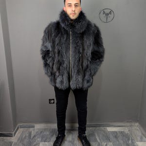 Fox fur navy blue jacket for Men, fluffy warm, Straight line fit with zip