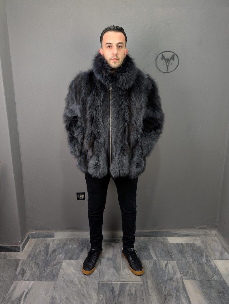 Fox fur navy blue jacket for Men, fluffy warm, Straight line fit with zip