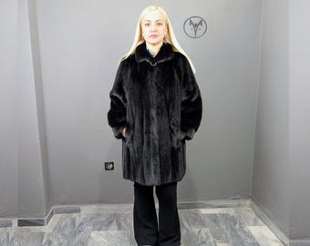 Black Mink Fur Coat Handmade Women's A-Line Style (Medium/Large)