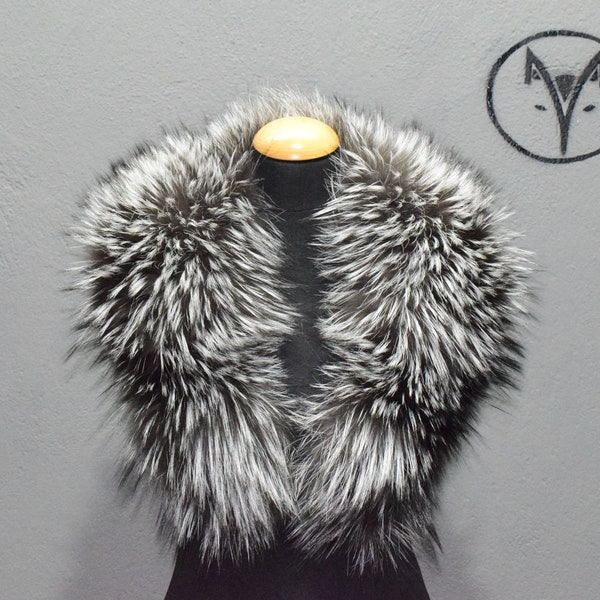 Silver Fox Fur large collar, scarf etol, Silver black colour fur, shawl, detachable real fur, Unisex Mens Womens