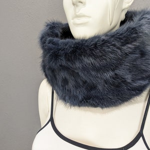 Fox fur cowl navy blue colour, Unisex fur neck warmer with elasic fabric, fur collar scarf.