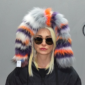 Fur trim for hood, collar, Finn raccoon gray purple, fluffy and warm detachable fur stripe, unisex fur accessory