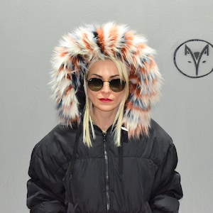 Fur trim for hood, collar, finn raccoon orange white blue colour, fluffy and warm detachable fur stripe, unisex coat fur accessory.