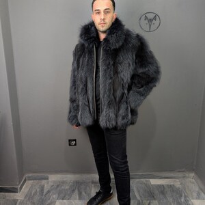 Fox fur navy blue jacket for Men, fluffy warm, Straight line fit with zip