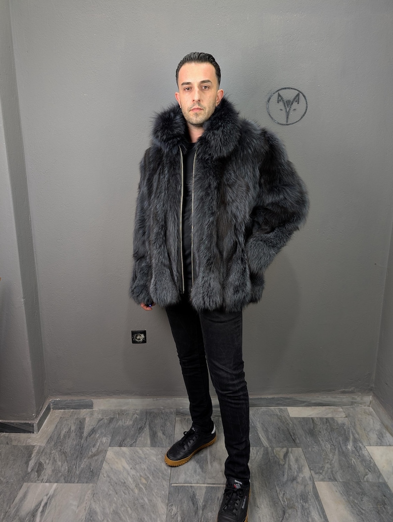 Fox fur navy blue jacket for Men, fluffy warm, Straight line fit with zip