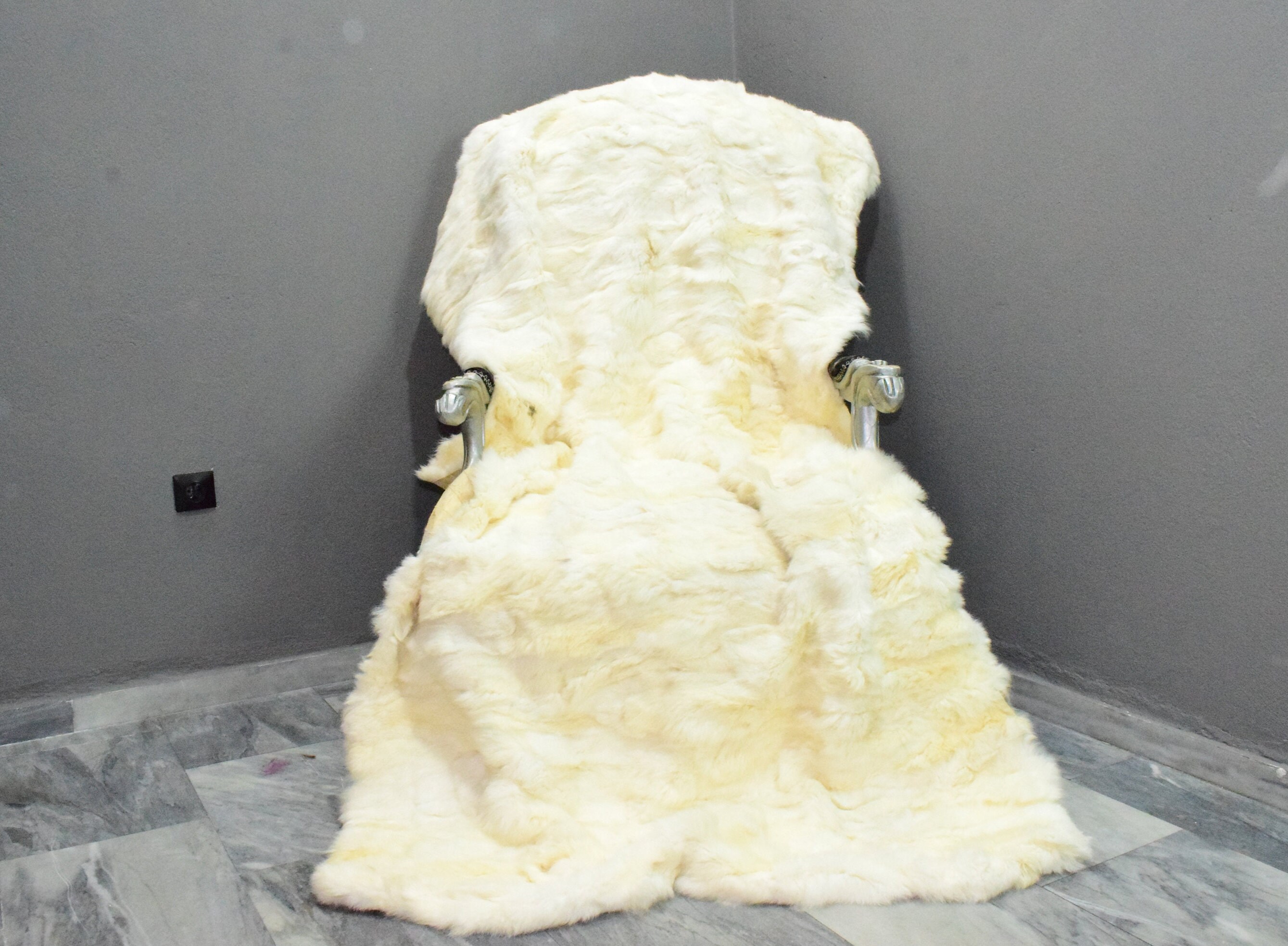 Fur Rabbit blanket throw, soft warm and silky fur, pearl white colour, unisex gift