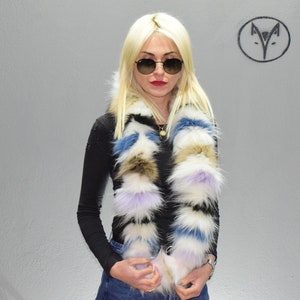 Fur twister scarf, collar, cowl, white colorful Finn Raccoon fur, fluffy soft warm neck accessory, unisex wear.