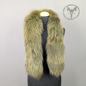 Finn Raccoon fur scarf, collar, neck warmer, khaki olive colour, extra fluffy soft warm neck accessory, Women&#39;s Men&#39;s gift.