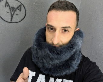 Fox fur cowl navy blue colour, Unisex fur neck warmer with elasic fabric, fur collar scarf.