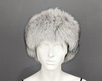 Fox fur headband-hat, Silver color fluffy thick fur, Woman gift.