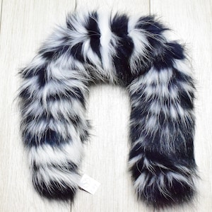 Fur trim hood, collar black white color Finn Raccoon fur fluffy detachable hood stripe, Womens Mens unisex gift.