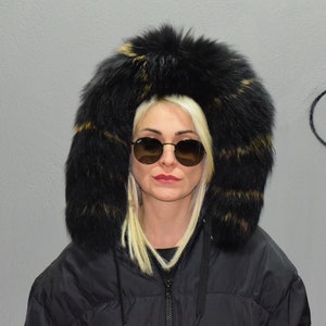 Fur trim for hood, collar, finn raccoon black brown colour, fluffy and warm detachable fur stripe, unisex coat fur accessory.