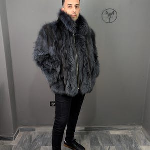 Fox fur navy blue jacket for Men, fluffy warm, Straight line fit with zip