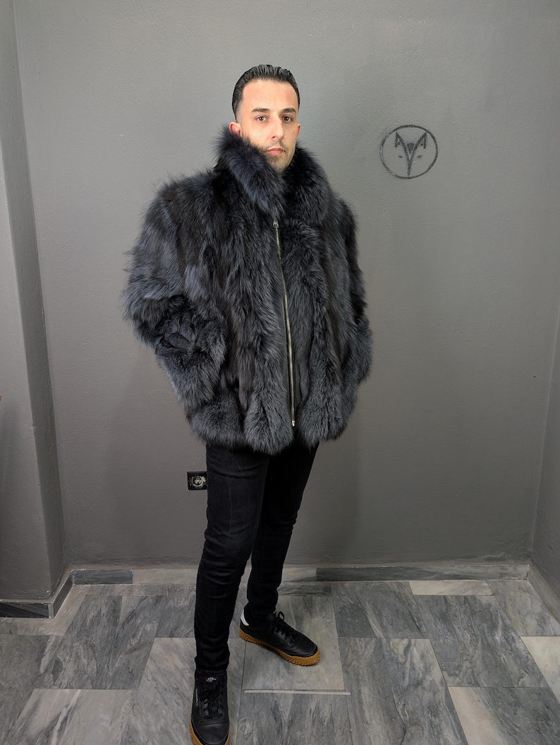 Fox fur navy blue jacket for Men, fluffy warm, Straight line fit with zip