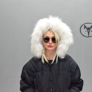 Fur trim for hood, collar, Finn raccoon Fox White beige , fluffy and warm detachable fur stripe, unisex fur accessory.