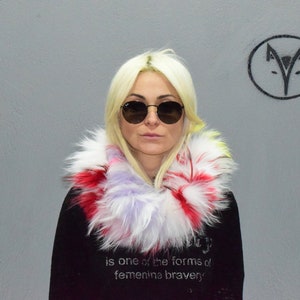 Fur twister scarf, collar, cowl, white red colorful Finn Raccoon fur, fluffy soft warm neck accessory, unisex wear.