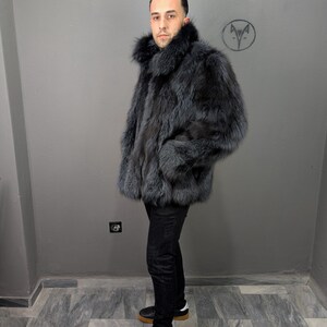 Fox fur navy blue jacket for Men, fluffy warm, Straight line fit with zip