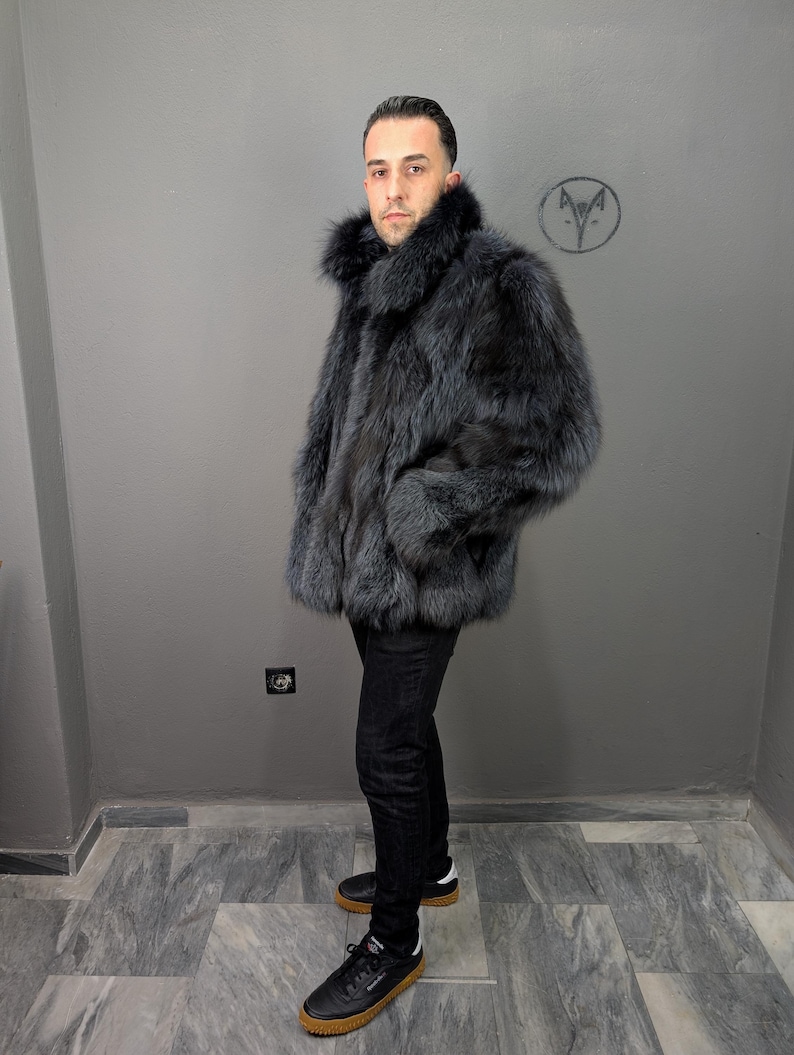 Fox fur navy blue jacket for Men, fluffy warm, Straight line fit with zip