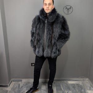 Fox fur navy blue jacket for Men, fluffy warm, Straight line fit with zip