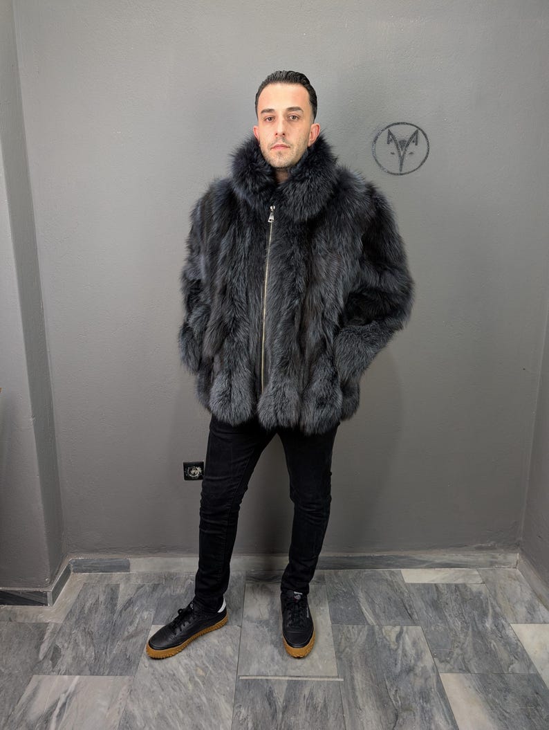 Fox fur navy blue jacket for Men, fluffy warm, Straight line fit with zip