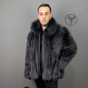 Fox fur navy blue jacket for Men, fluffy warm, Straight line fit with zip