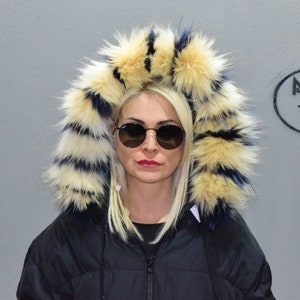 Fur trim for hood, collar, Finn raccoon beige blue, fluffy and warm detachable fur stripe, unisex fur accessory.