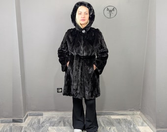 ブラックミンク　フードロングコート フード付きの黒いミンクの毛皮のロングコート - Etsy 日本