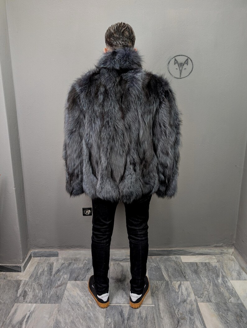 Fox fur navy blue jacket for Men, fluffy warm, Straight line fit with zip