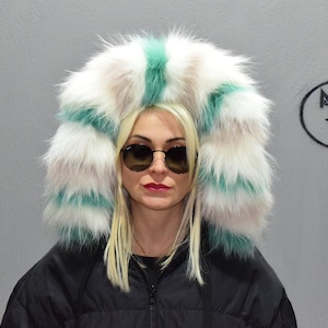 Fur trim for hood, collar, finn raccoon white green colour, fluffy and warm detachable fur stripe, unisex coat fur accessory.