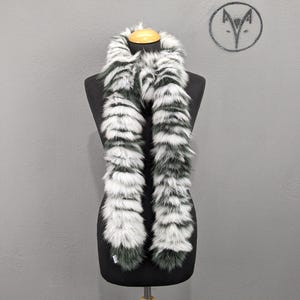 Fox Fur Scarf Long Fluffy White Green Handmade Accessory