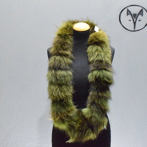 Finn Raccoon fur twister scarf, collar, cowl, Green khaki colour fur, fluffy soft warm neck accessory, unisex wear.