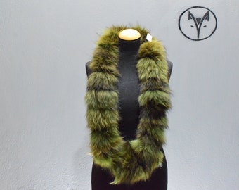 Finn Raccoon fur twister scarf, collar, cowl, Green khaki colour fur, fluffy soft warm neck accessory, unisex wear.