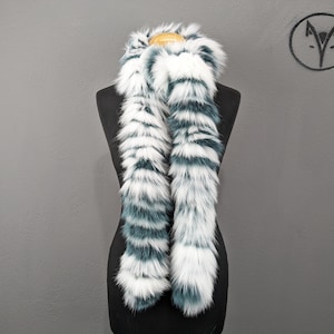 Fox fur scarf green white color, long scarf high quality fur, men and women neck warmer.