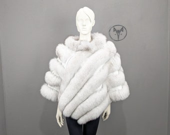 Mantella poncho in pelliccia di volpe colore bianco grigio, vera pelliccia di volpe taglia unica regalo da donna