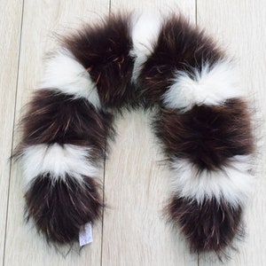 Fur trim hood, collar, brown white Finn Raccoon fur fluffy detachable hood stripe, Womens Mens unisex gift.