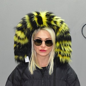 Fur trim for hood, collar, finn raccoon black yellow colour, fluffy and warm detachable fur stripe, unisex coat fur accessory.