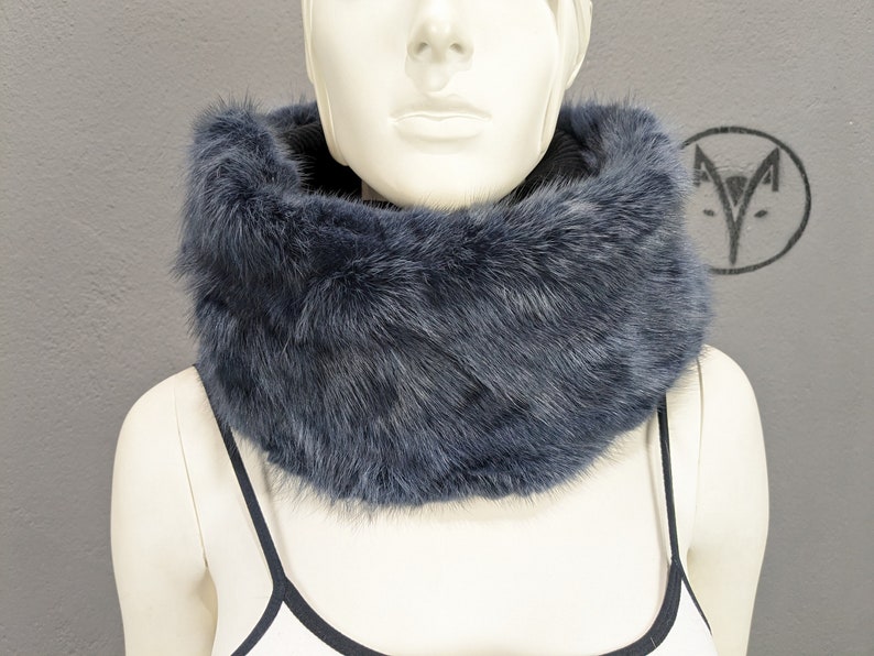 Fox fur cowl navy blue colour, Unisex fur neck warmer with elasic fabric, fur collar scarf.