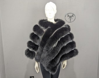 Capa poncho de piel de zorro color negro, piel de zorro real talla única regalo de mujer