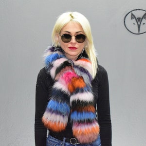 Fur scarf, blue colorful Finn Raccoon fur, fluffy soft warm neck accessory, unisex wear.