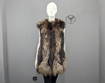 Real Fox fur vest without collar, brown gold colour long fur waistcoat. All sizes available