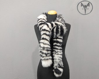 Fur Fox long scarf, black pearl beige colour, fluffy soft warm neck accessory, unisex wear.