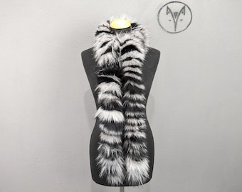 Fox Fur Scarf Long Fluffy Gray Black Handmade Neck Warmer