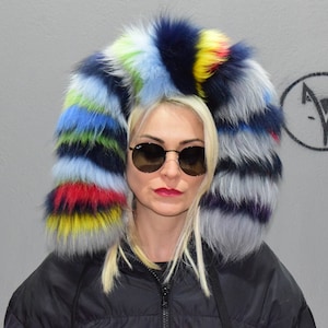 Fur trim for hood, collar, finn raccoon blue gray colourful, fluffy and warm detachable fur stripe, unisex coat fur accessory.