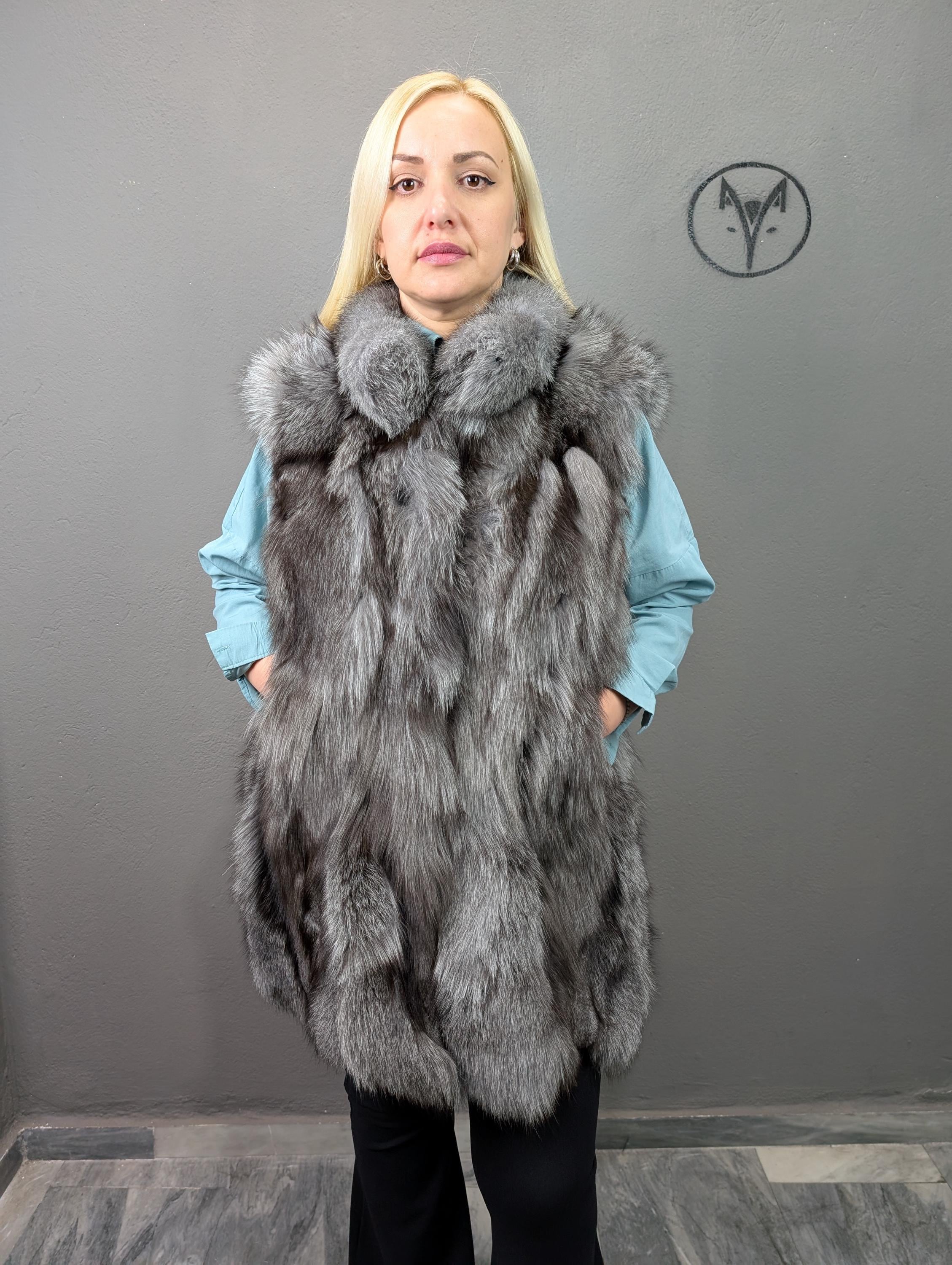 Fuchspelz Weste mit Kragen, silber Farbe lange Alle