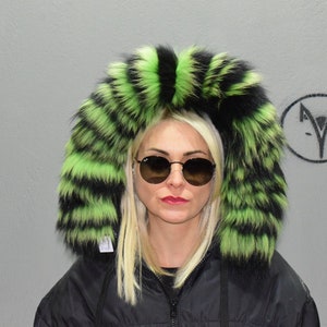 Fur trim for hood, collar, Finn raccoon black green colour, fluffy and warm detachable fur stripe, unisex fur accessory.