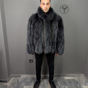 Fox fur navy blue jacket for Men, fluffy warm, Straight line fit with zip