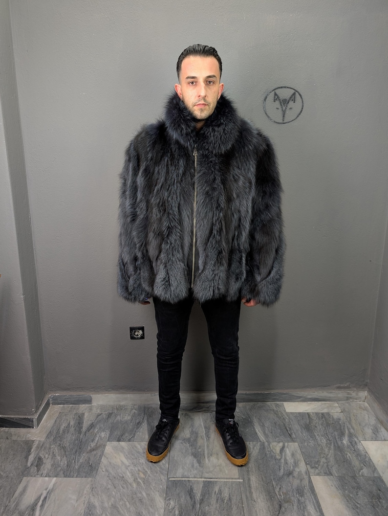 Fox fur navy blue jacket for Men, fluffy warm, Straight line fit with zip
