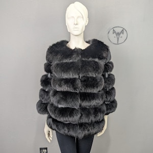 Fox fur jacket black colour horizontal design with leather stripe without collar, Women gift.